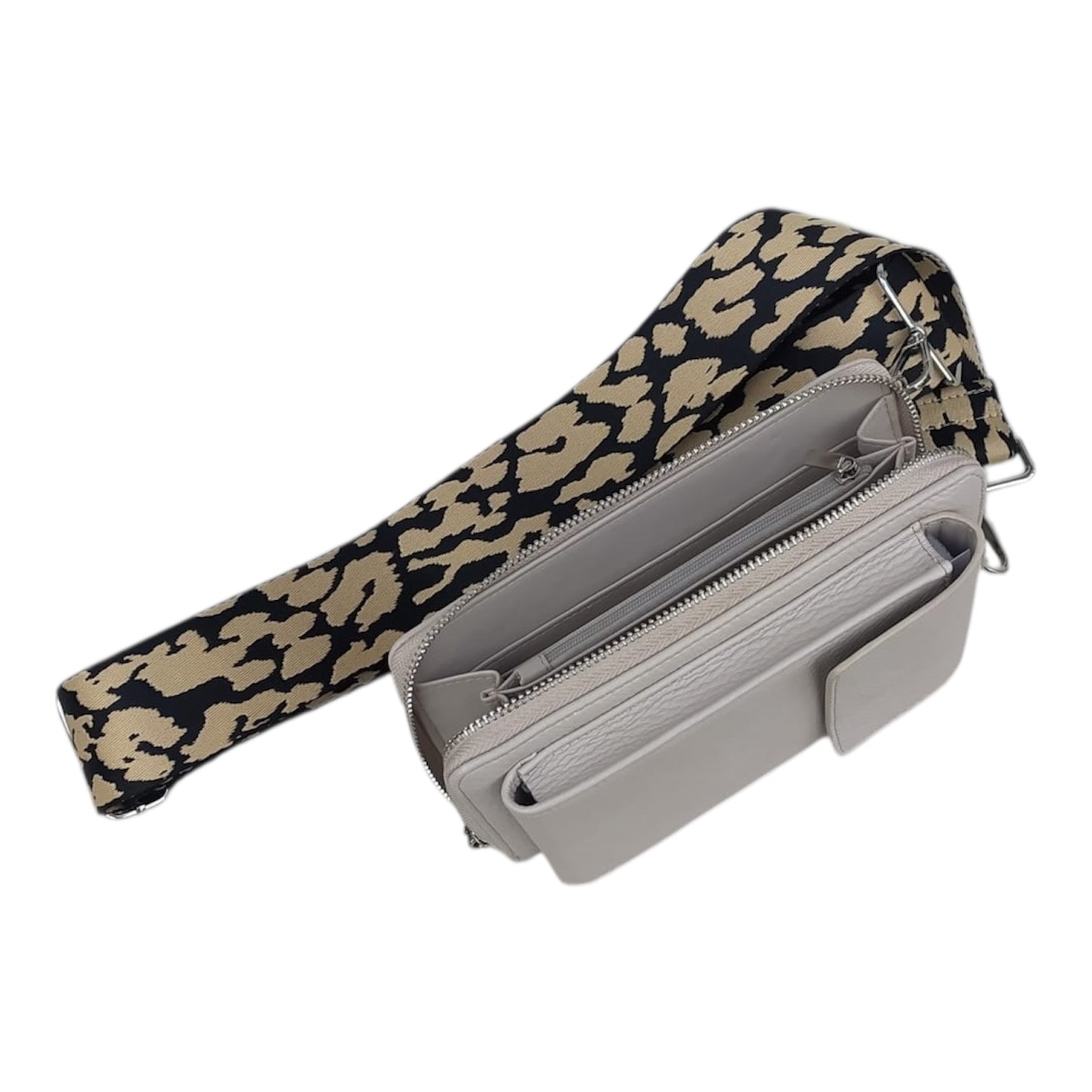 DOUBLE MAX – 4-in-1 Umhängetasche – Handytasche, Geldbörse & Clutch – 11 × 19 × 3 cm beige braun animal print