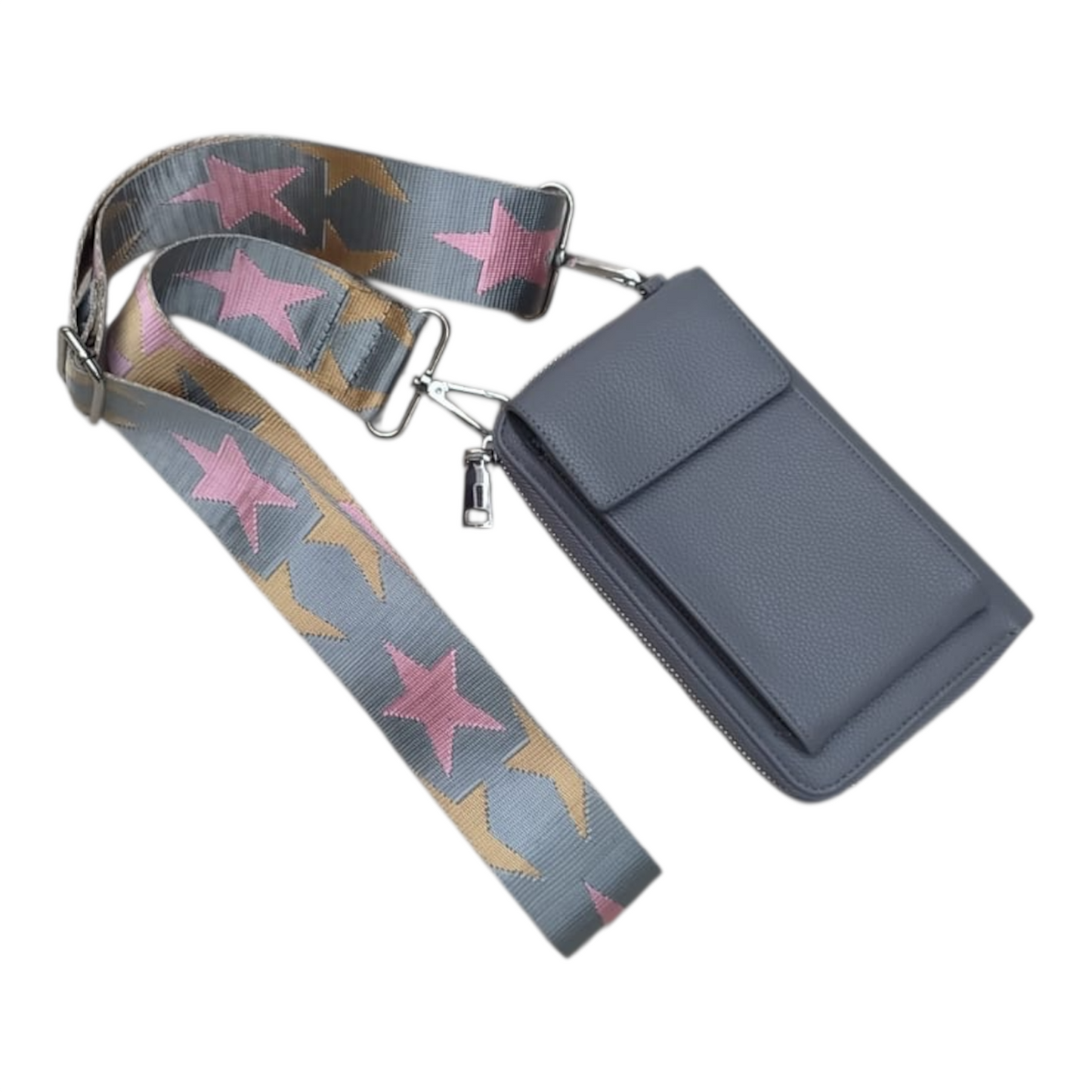 DOUBLE MAX – 4-in-1 Umhängetasche – Handytasche, Geldbörse & Clutch – 11 × 19 × 3 cm grau mit Sterne