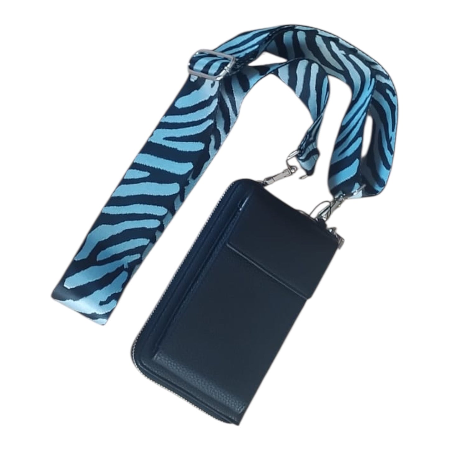 DOUBLE MAX – 4-in-1 Umhängetasche – Handytasche, Geldbörse & Clutch – 11 × 19 × 3 cm schwarz blau zebra