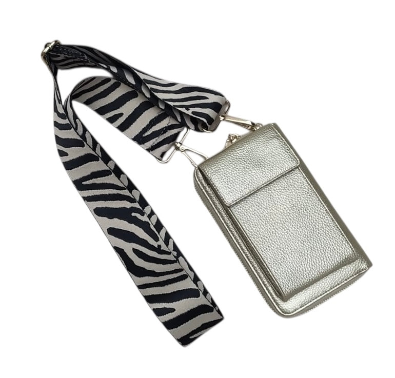 DOUBLE MAX – 4-in-1 Umhängetasche – Handytasche, Geldbörse & Clutch – 11 × 19 × 3 cm gold zebra print