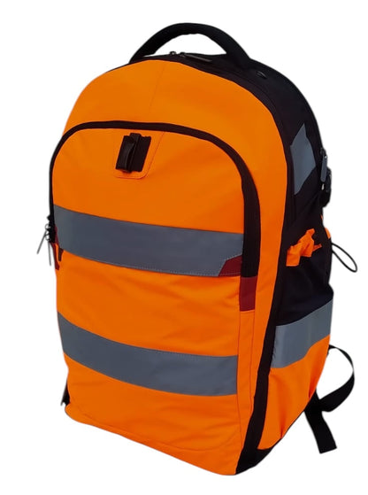 Arbeitsrucksack Warnfarbe Orange mit Dehnfalte Frontansicht, 50 x 33 x 22 cm