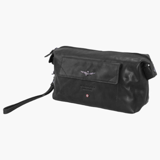 Aeronautica Militare Herren Toiletttasche aus 100% echtem Leder, schwarze Kulturbeutel-Pochette mit stilvollem Design