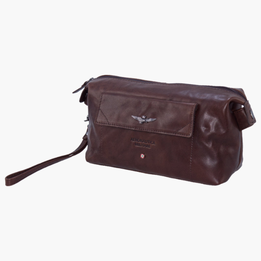 Aeronautica Militare Herren Toiletttasche aus 100% Echtleder, elegante Kulturbeutel in brauner Farbe, hochwertiges Design.
