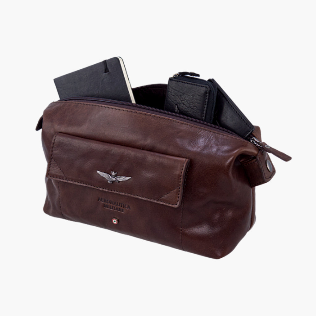 Aeronautica Militare Herren Toiletttasche aus 100 % echtem Leder, elegante Pochette für Kulturbeutel und Pflegeartikel