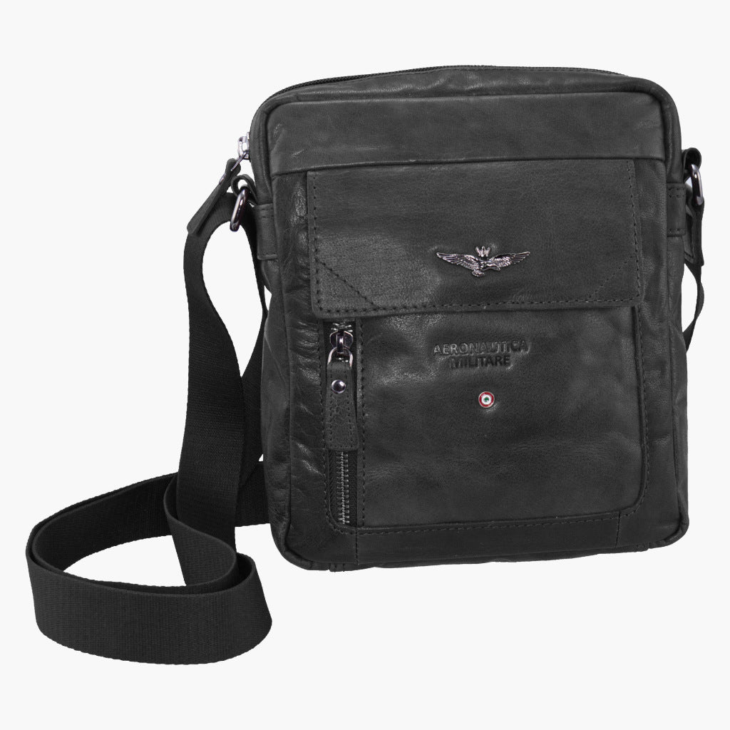 Aeronautica Militare Vintage Mittlere Leder Umhängetasche Tablet AM-303 Schwarz / Marrone