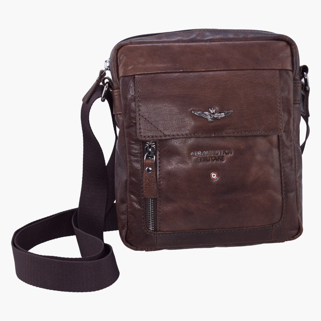 Aeronautica Militare Vintage Mittlere Leder Umhängetasche Tablet AM-303 Schwarz / Marrone
