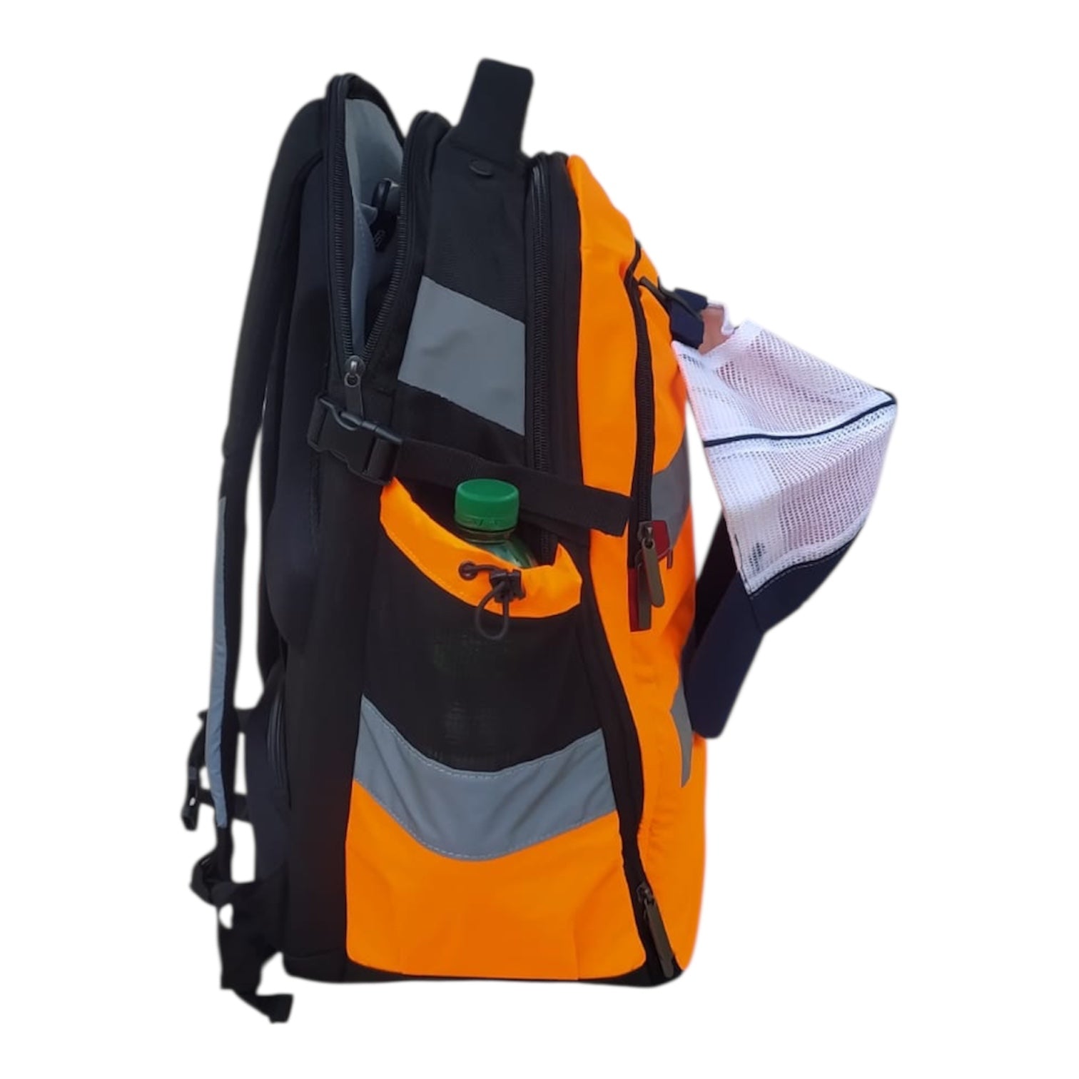 Detailaufnahme Reißverschluss verstärkte Nähte Arbeitsrucksack Warnfarbe Orange Sicherheitsrucksack Bau