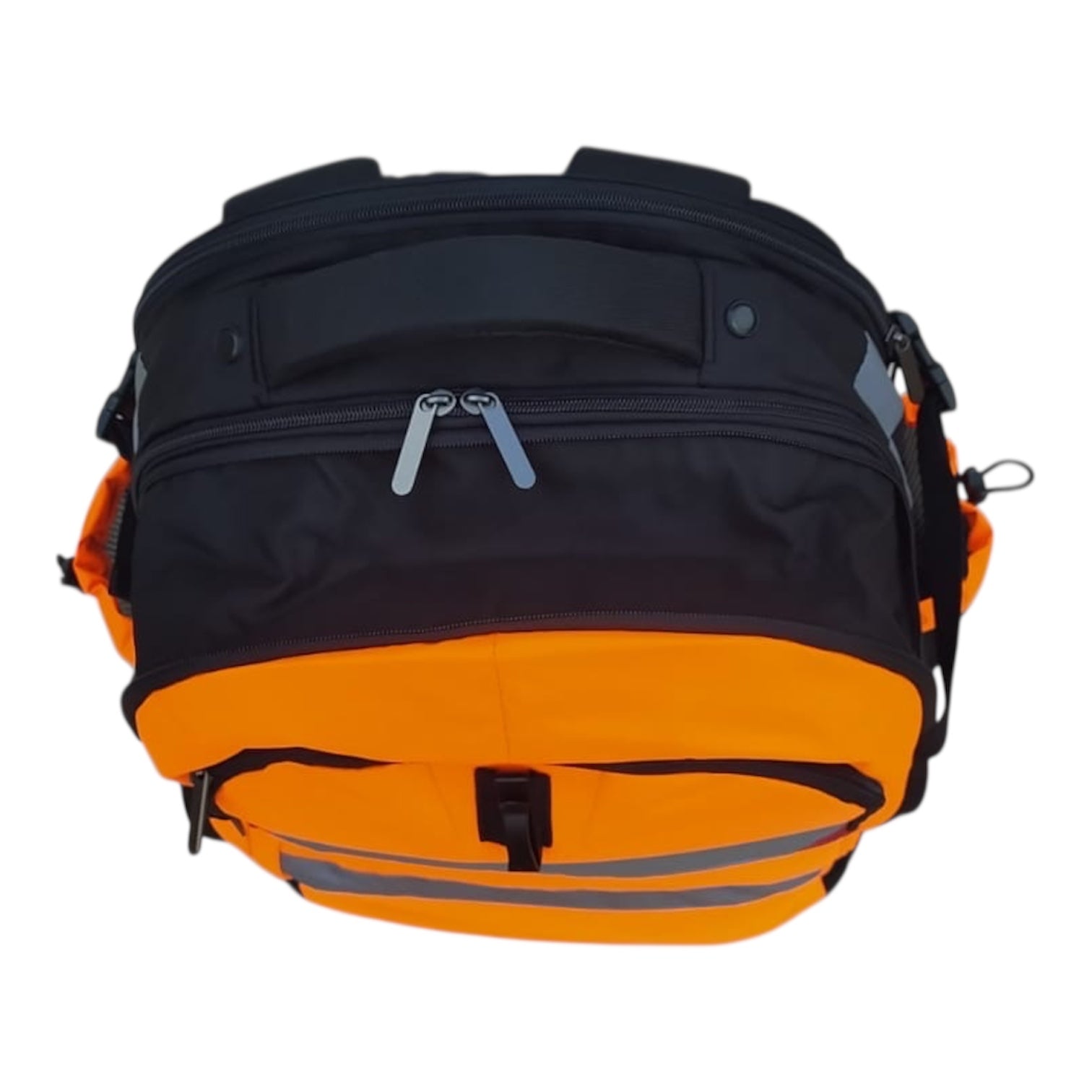 Detailaufnahme Reißverschluss verstärkte Nähte Arbeitsrucksack Warnfarbe Orange Sicherheitsrucksack Bau