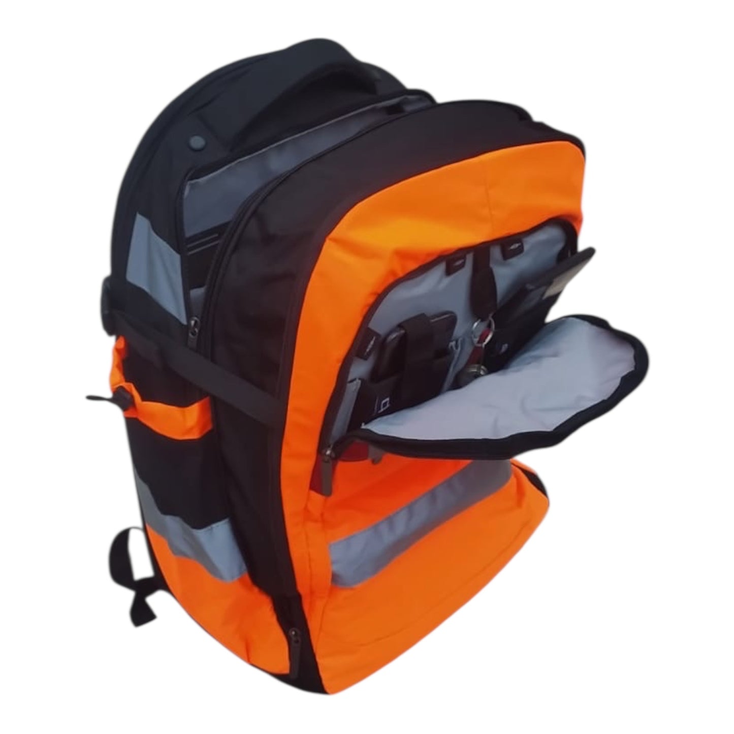 Detailaufnahme Reißverschluss verstärkte Nähte Arbeitsrucksack Warnfarbe Orange Sicherheitsrucksack Bau