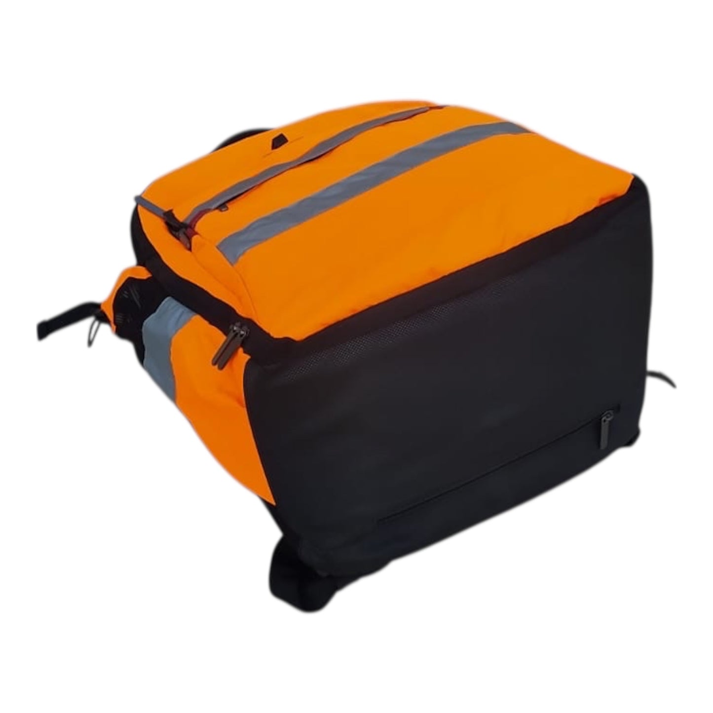 Detailaufnahme Reißverschluss verstärkte Nähte Arbeitsrucksack Warnfarbe Orange Sicherheitsrucksack Bau