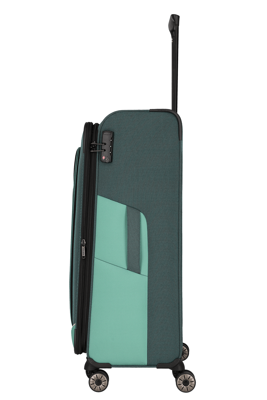 travelite – Viia Trolley L erweiterbar 77 cm – Extra großer Weichschalen-Reisekoffer aus recyceltem Polyester, erweiterbar, 4 Doppel-Rollen, TSA-Schloss – 77×47×27/31 cm Eukalyptus