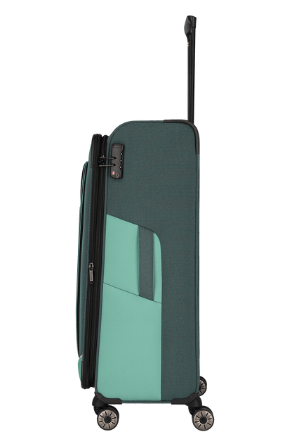 travelite – Viia Trolley L erweiterbar 77 cm – Extra großer Weichschalen-Reisekoffer aus recyceltem Polyester, erweiterbar, 4 Doppel-Rollen, TSA-Schloss – 77×47×27/31 cm Eukalyptus