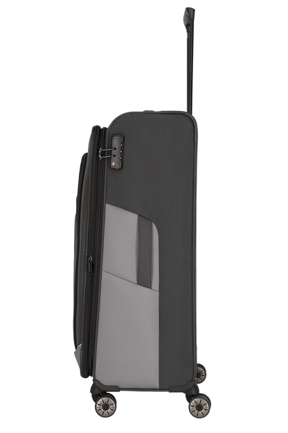 travelite – Viia Trolley L erweiterbar 77 cm – Extra großer Weichschalen-Reisekoffer aus recyceltem Polyester, erweiterbar, 4 Doppel-Rollen, TSA-Schloss – 77×47×27/31 cm schiefer