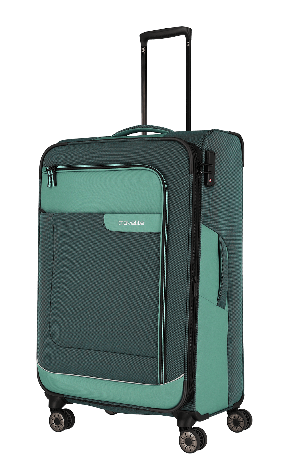 travelite – Viia Trolley L erweiterbar 77 cm – Extra großer Weichschalen-Reisekoffer aus recyceltem Polyester, erweiterbar, 4 Doppel-Rollen, TSA-Schloss – 77×47×27/31 cm Eukalyptus