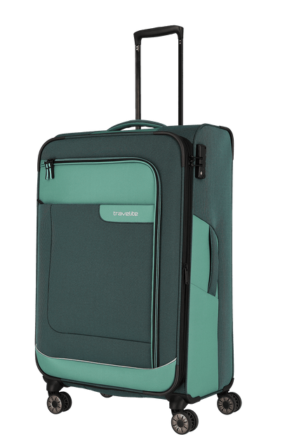 travelite – Viia Trolley L erweiterbar 77 cm – Extra großer Weichschalen-Reisekoffer aus recyceltem Polyester, erweiterbar, 4 Doppel-Rollen, TSA-Schloss – 77×47×27/31 cm Eukalyptus