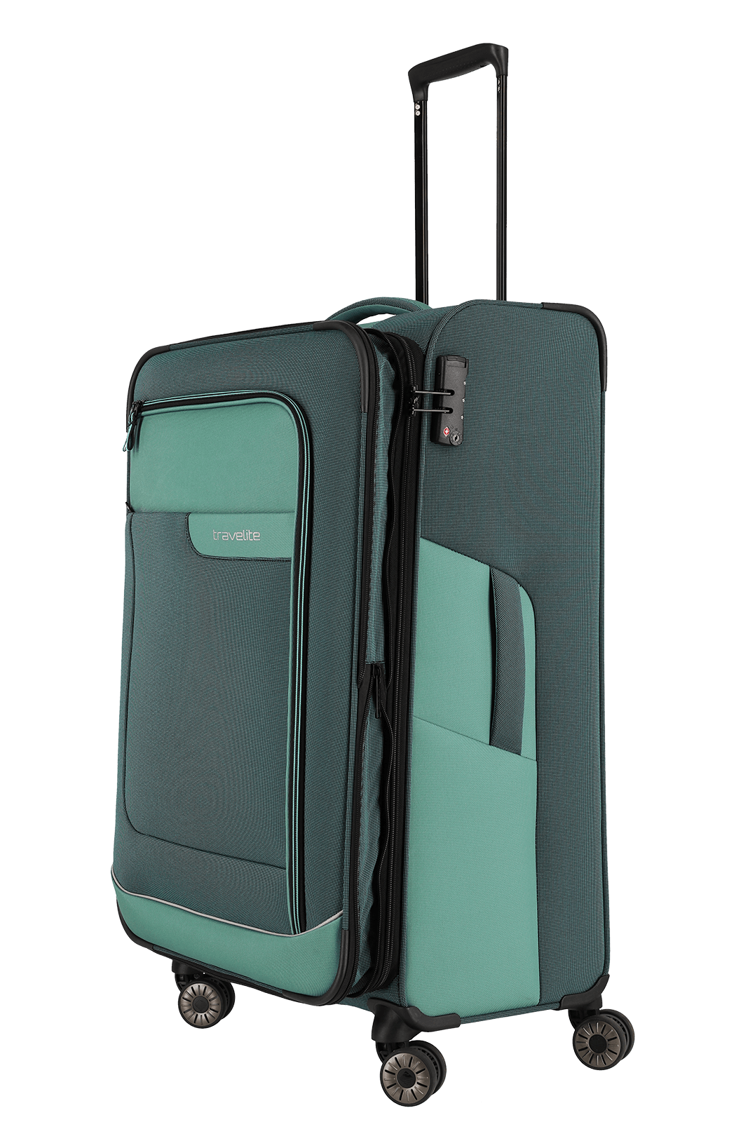 travelite – Viia Trolley L erweiterbar 77 cm – Extra großer Weichschalen-Reisekoffer aus recyceltem Polyester, erweiterbar, 4 Doppel-Rollen, TSA-Schloss – 77×47×27/31 cm Eukalyptus