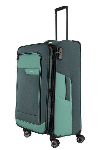 travelite – Viia Trolley L erweiterbar 77 cm – Extra großer Weichschalen-Reisekoffer aus recyceltem Polyester, erweiterbar, 4 Doppel-Rollen, TSA-Schloss – 77×47×27/31 cm Eukalyptus