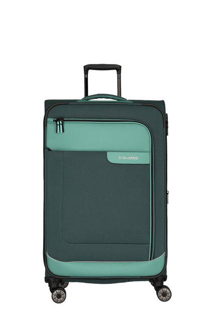 travelite – Viia Trolley L erweiterbar 77 cm – Extra großer Weichschalen-Reisekoffer aus recyceltem Polyester, erweiterbar, 4 Doppel-Rollen, TSA-Schloss – 77×47×27/31 cm Eukalyptus