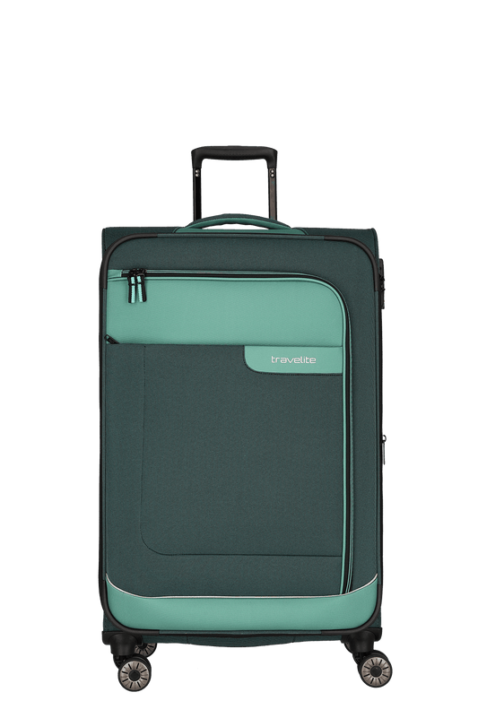 travelite – Viia Trolley L erweiterbar 77 cm – Extra großer Weichschalen-Reisekoffer aus recyceltem Polyester, erweiterbar, 4 Doppel-Rollen, TSA-Schloss – 77×47×27/31 cm Eukalyptus