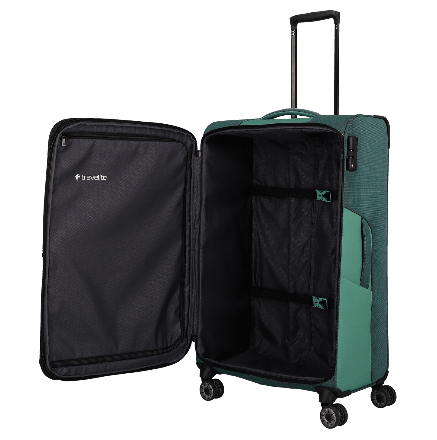 travelite – Viia Trolley L erweiterbar 77 cm – Extra großer Weichschalen-Reisekoffer aus recyceltem Polyester, erweiterbar, 4 Doppel-Rollen, TSA-Schloss – 77×47×27/31 cm Eukalyptus
