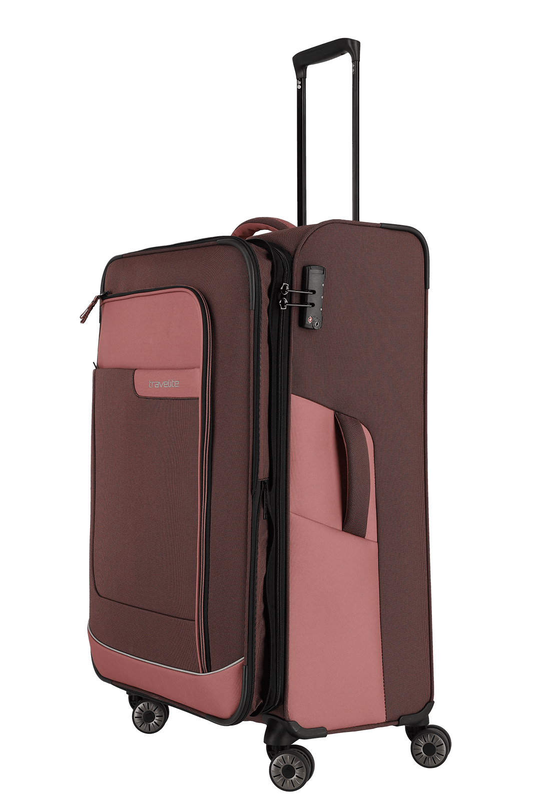 travelite – Viia Trolley L erweiterbar 77 cm – Extra großer Weichschalen-Reisekoffer aus recyceltem Polyester, erweiterbar, 4 Doppel-Rollen, TSA-Schloss – 77×47×27/31 cm rose