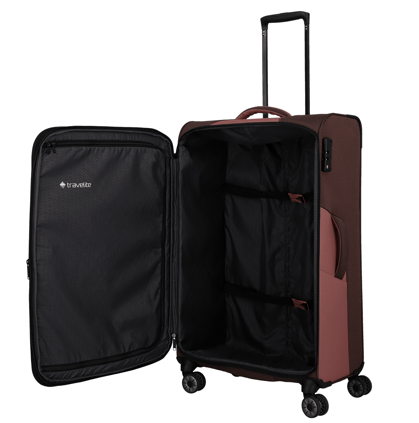 travelite – Viia Trolley L erweiterbar 77 cm – Extra großer Weichschalen-Reisekoffer aus recyceltem Polyester, erweiterbar, 4 Doppel-Rollen, TSA-Schloss – 77×47×27/31 cm rose
