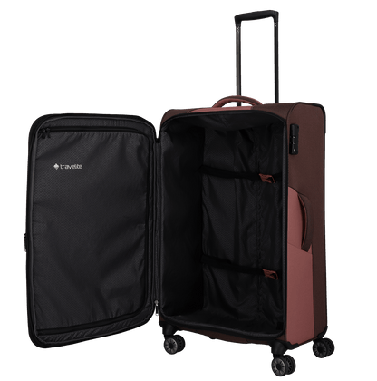 travelite – Viia Trolley L erweiterbar 77 cm – Extra großer Weichschalen-Reisekoffer aus recyceltem Polyester, erweiterbar, 4 Doppel-Rollen, TSA-Schloss – 77×47×27/31 cm rose