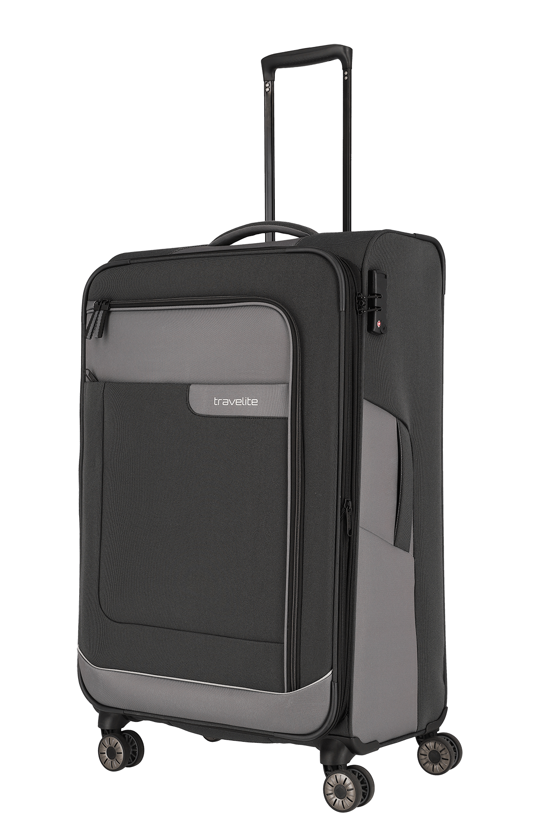 travelite – Viia Trolley L erweiterbar 77 cm – Extra großer Weichschalen-Reisekoffer aus recyceltem Polyester, erweiterbar, 4 Doppel-Rollen, TSA-Schloss – 77×47×27/31 cm schiefer