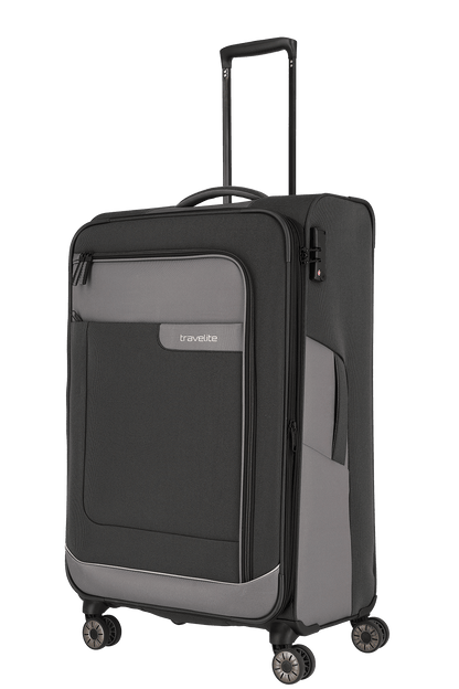 travelite – Viia Trolley L erweiterbar 77 cm – Extra großer Weichschalen-Reisekoffer aus recyceltem Polyester, erweiterbar, 4 Doppel-Rollen, TSA-Schloss – 77×47×27/31 cm schiefer