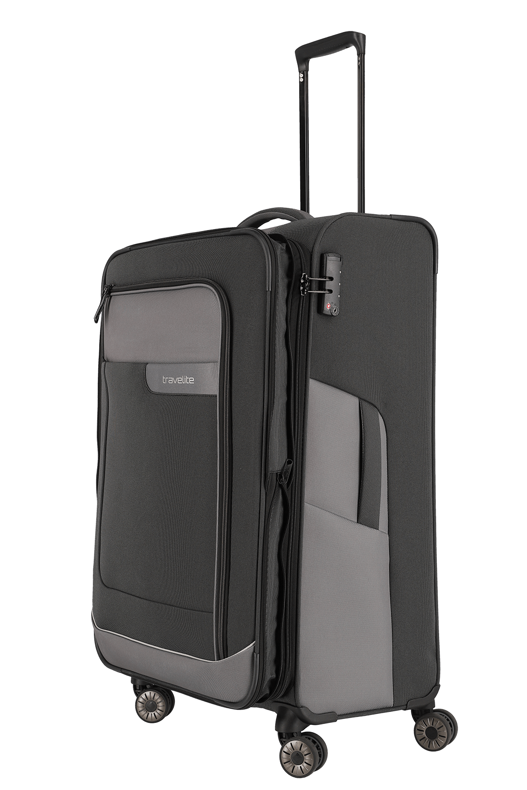 travelite – Viia Trolley L erweiterbar 77 cm – Extra großer Weichschalen-Reisekoffer aus recyceltem Polyester, erweiterbar, 4 Doppel-Rollen, TSA-Schloss – 77×47×27/31 cm schiefer