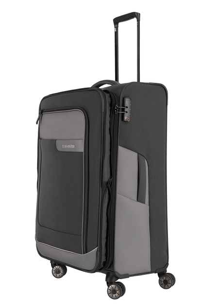 travelite – Viia Trolley L erweiterbar 77 cm – Extra großer Weichschalen-Reisekoffer aus recyceltem Polyester, erweiterbar, 4 Doppel-Rollen, TSA-Schloss – 77×47×27/31 cm schiefer