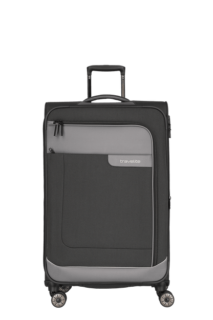 travelite – Viia Trolley L erweiterbar 77 cm – Extra großer Weichschalen-Reisekoffer aus recyceltem Polyester, erweiterbar, 4 Doppel-Rollen, TSA-Schloss – 77×47×27/31 cm schiefer