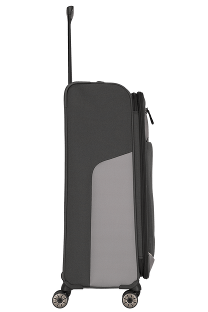 travelite – Viia Trolley L erweiterbar 77 cm – Extra großer Weichschalen-Reisekoffer aus recyceltem Polyester, erweiterbar, 4 Doppel-Rollen, TSA-Schloss – 77×47×27/31 cm schiefer