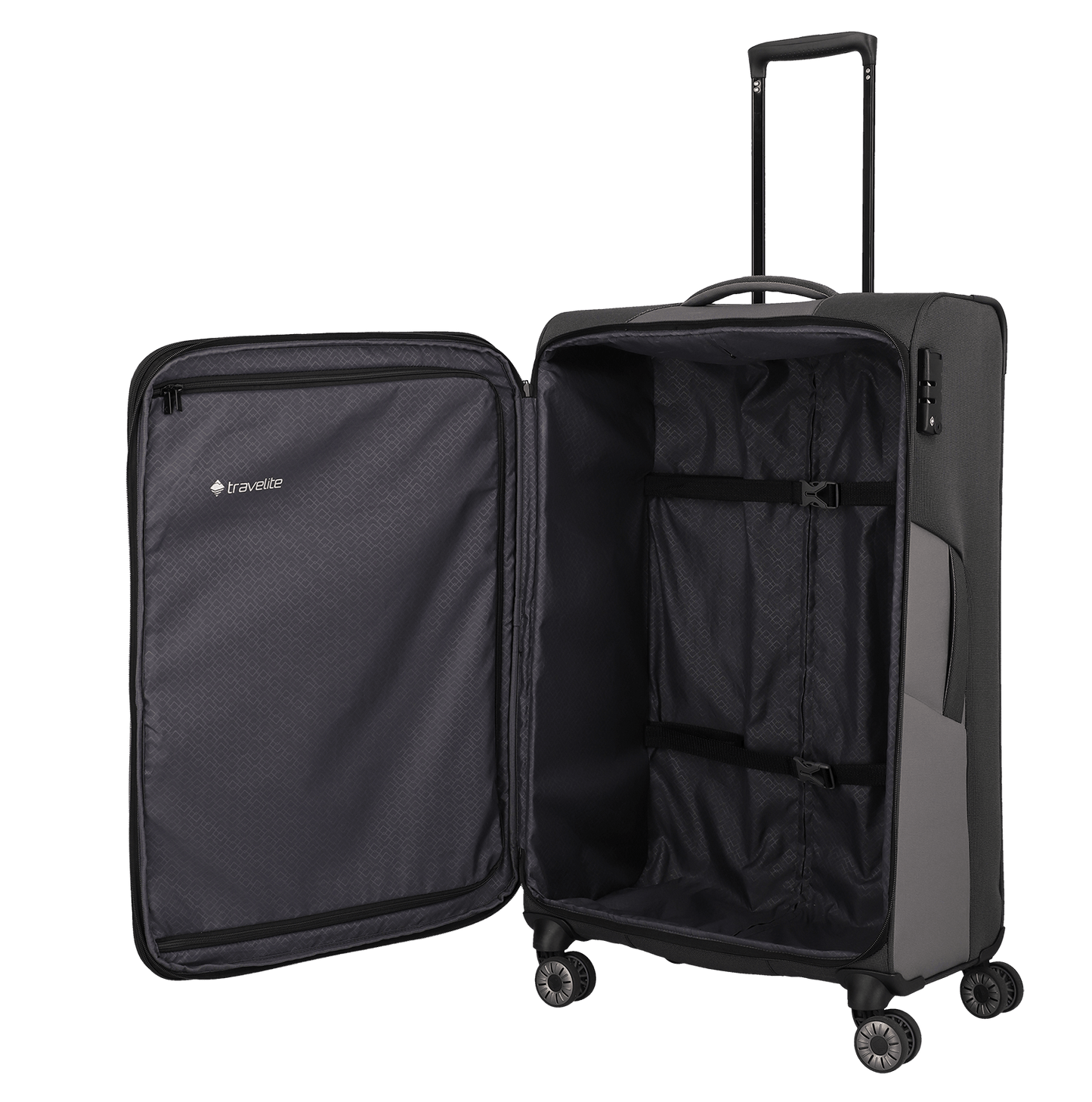 travelite – Viia Trolley L erweiterbar 77 cm – Extra großer Weichschalen-Reisekoffer aus recyceltem Polyester, erweiterbar, 4 Doppel-Rollen, TSA-Schloss – 77×47×27/31 cm schiefer