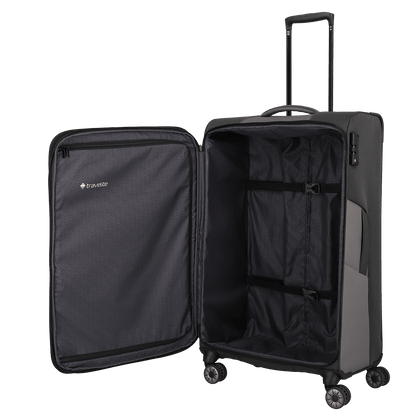 travelite – Viia Trolley L erweiterbar 77 cm – Extra großer Weichschalen-Reisekoffer aus recyceltem Polyester, erweiterbar, 4 Doppel-Rollen, TSA-Schloss – 77×47×27/31 cm schiefer
